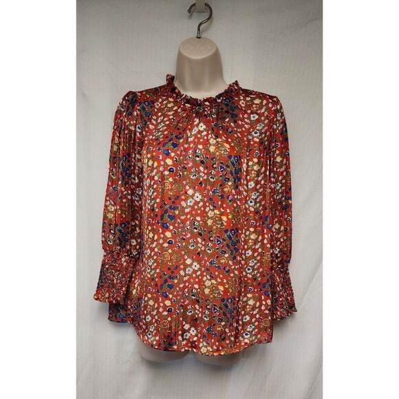 Rachel Zoe Red Floral High Neck Smock Sleeve Blouse Multicolor Red Size Medium - Picture 3 of 12